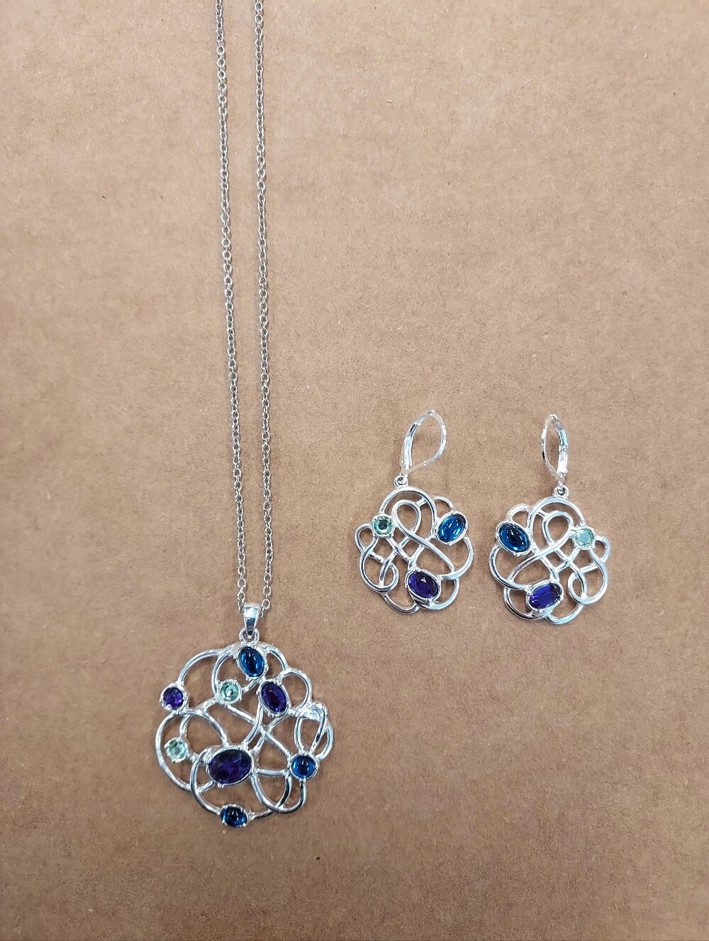 Avon Silver Multi-Stone Blue & Purple Pendant Necklace and Earring Set